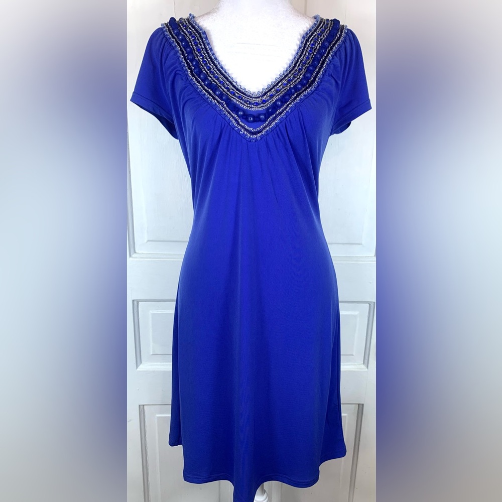 Boston Proper Cobalt Blue Flattering Fit Dress w/ Beaded and Detailed Neckline